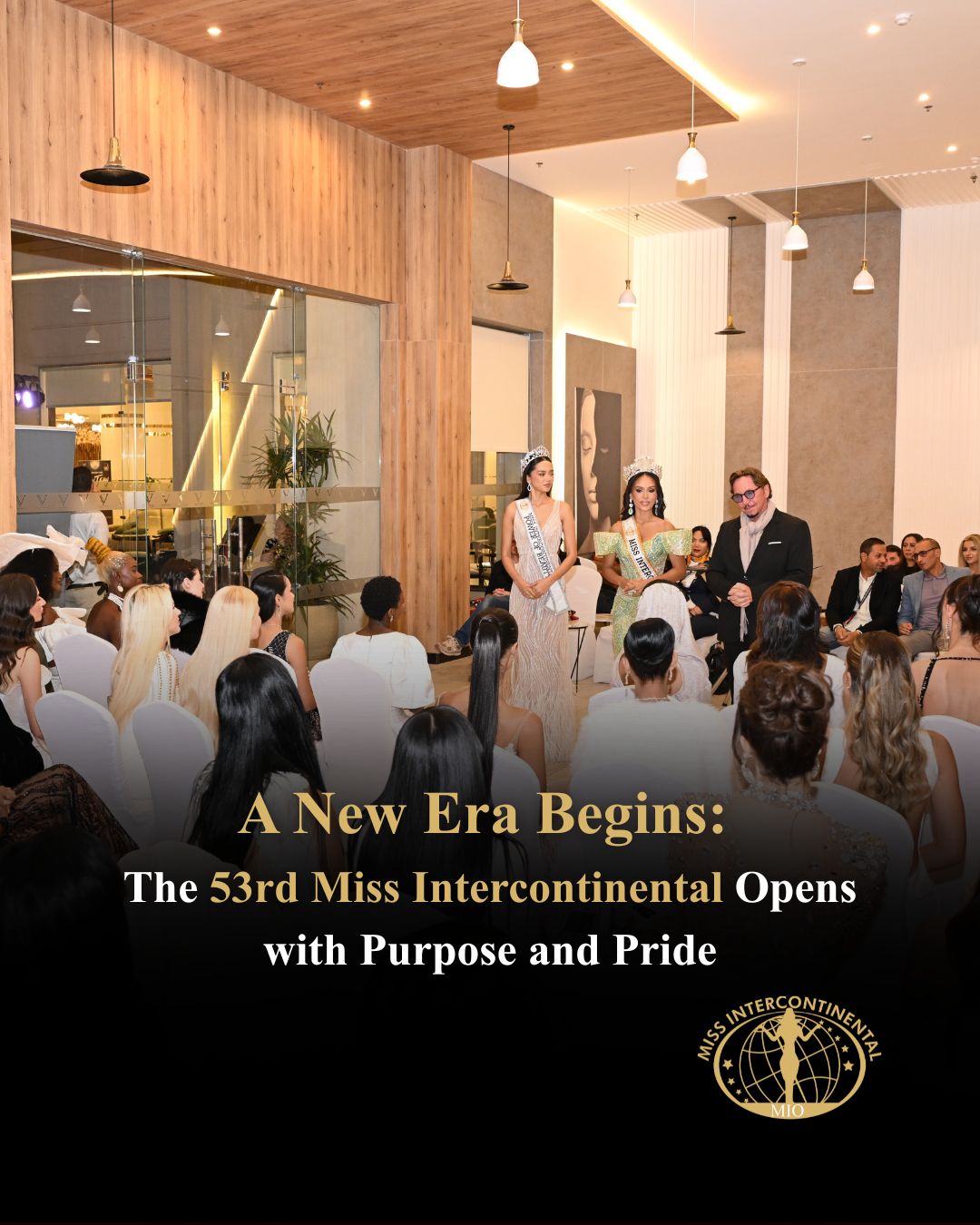 The imnage shows a crwd of female beauty peagant contestants in a hotel lobby during a ceremony, symbolic for: A New Era Begins The 53rd Miss Intercontinental Opens with Purpose and Pride